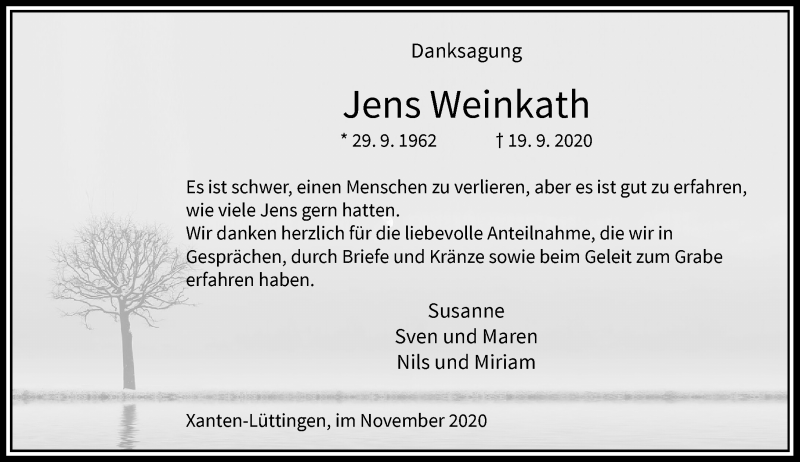  Traueranzeige für Jens Weinkath vom 16.11.2020 aus Rheinische Post