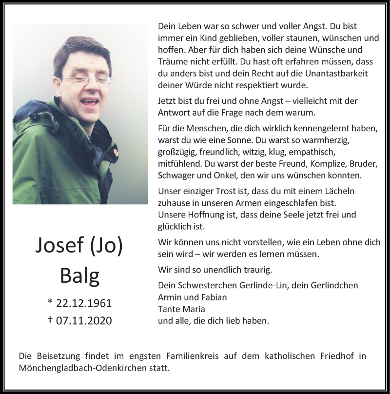  Traueranzeige für Josef Balg vom 14.11.2020 aus Rheinische Post