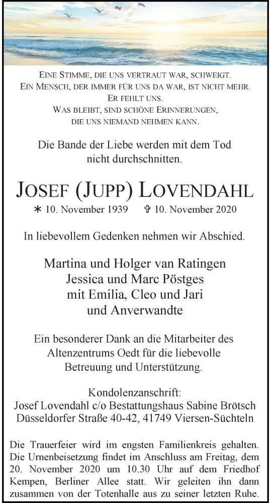  Traueranzeige für Josef Lovendahl vom 14.11.2020 aus Rheinische Post