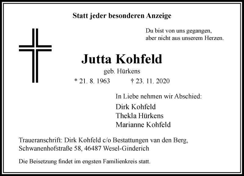  Traueranzeige für Jutta Kohfeld vom 28.11.2020 aus Rheinische Post