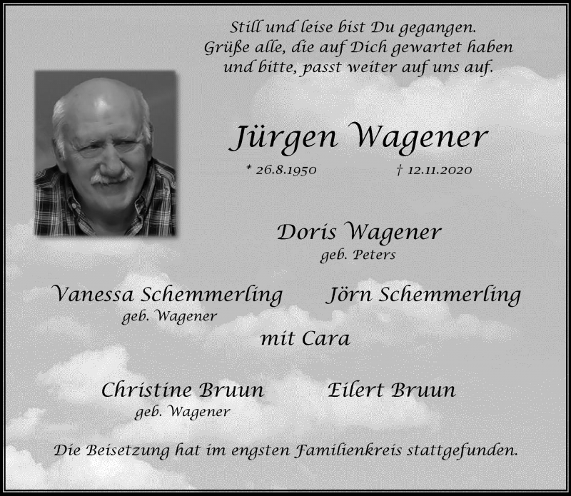  Traueranzeige für Jürgen Wagener vom 28.11.2020 aus Rheinische Post