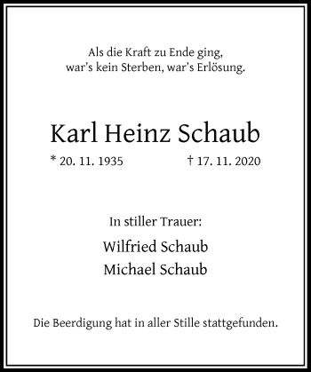 Traueranzeige von Karl Heinz Schaub von Rheinische Post