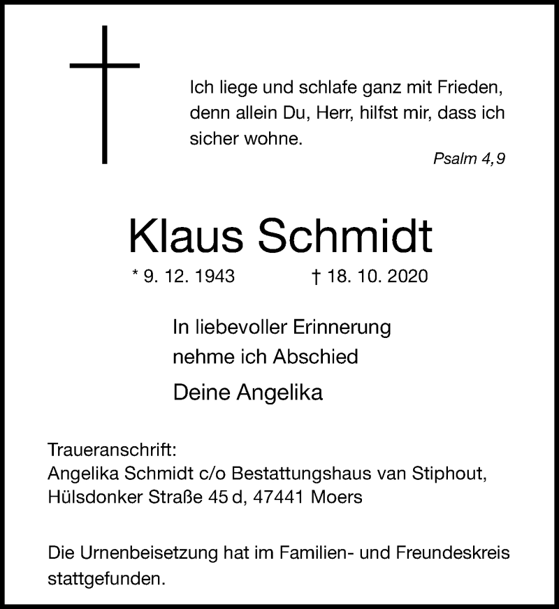  Traueranzeige für Klaus Schmidt vom 04.11.2020 aus Rheinische Post