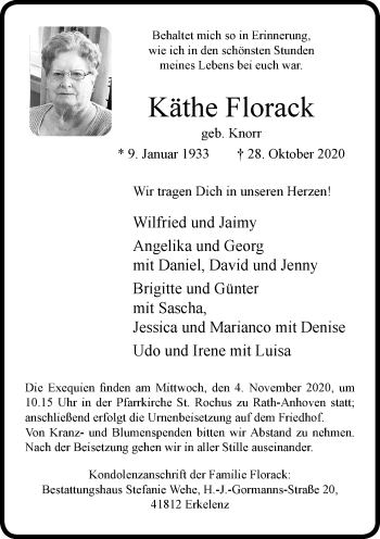 Traueranzeige von Käthe Florack von Rheinische Post