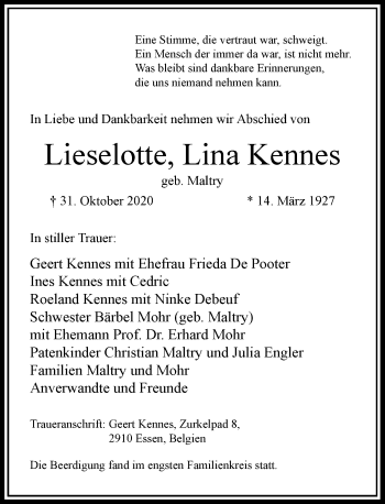 Traueranzeige von Lieselotte, Lina Kennes von Rheinische Post