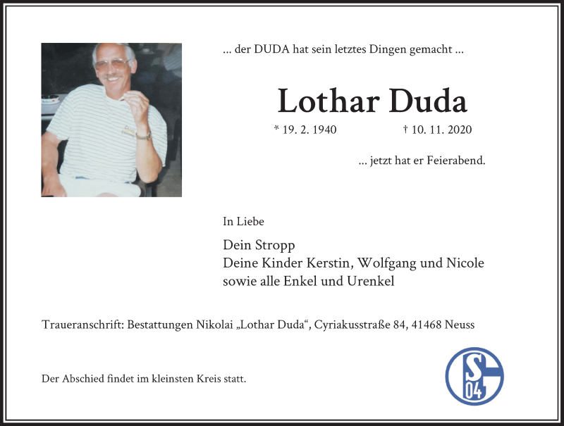  Traueranzeige für Lothar Duda vom 14.11.2020 aus Rheinische Post