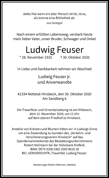 Traueranzeige von Ludwig Feuser von Rheinische Post