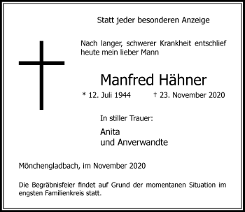 Traueranzeige von Manfred Hähner von Rheinische Post