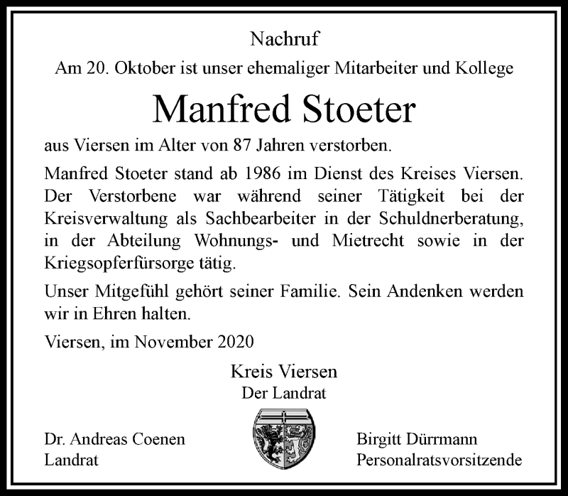  Traueranzeige für Manfred Stoeter vom 21.11.2020 aus Rheinische Post
