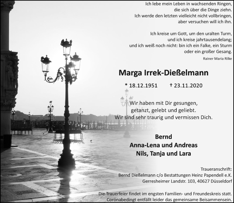  Traueranzeige für Marga Irrek-Dießelmann vom 28.11.2020 aus Rheinische Post