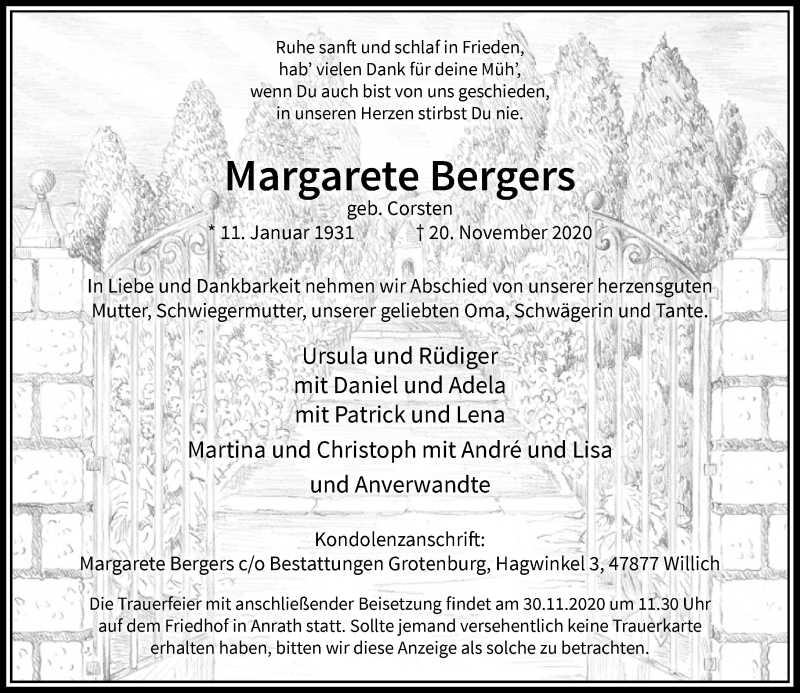  Traueranzeige für Margarete Bergers vom 25.11.2020 aus Rheinische Post