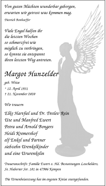 Traueranzeige von Margot Hunzelder von Rheinische Post