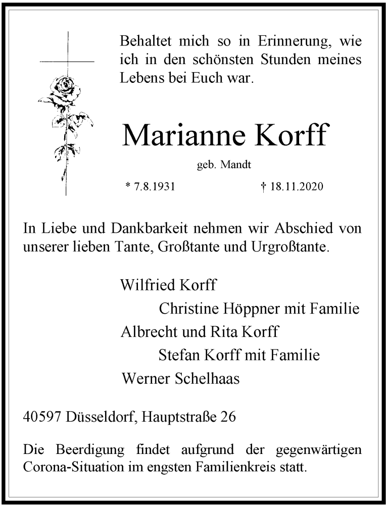  Traueranzeige für Marianne Korff vom 21.11.2020 aus Rheinische Post