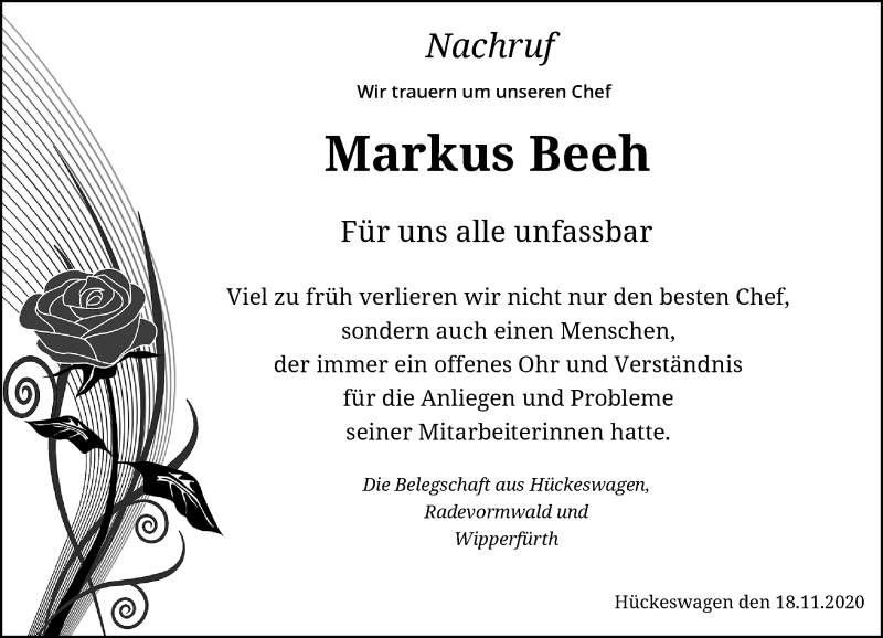  Traueranzeige für Markus Beeh vom 18.11.2020 aus Rheinische Post