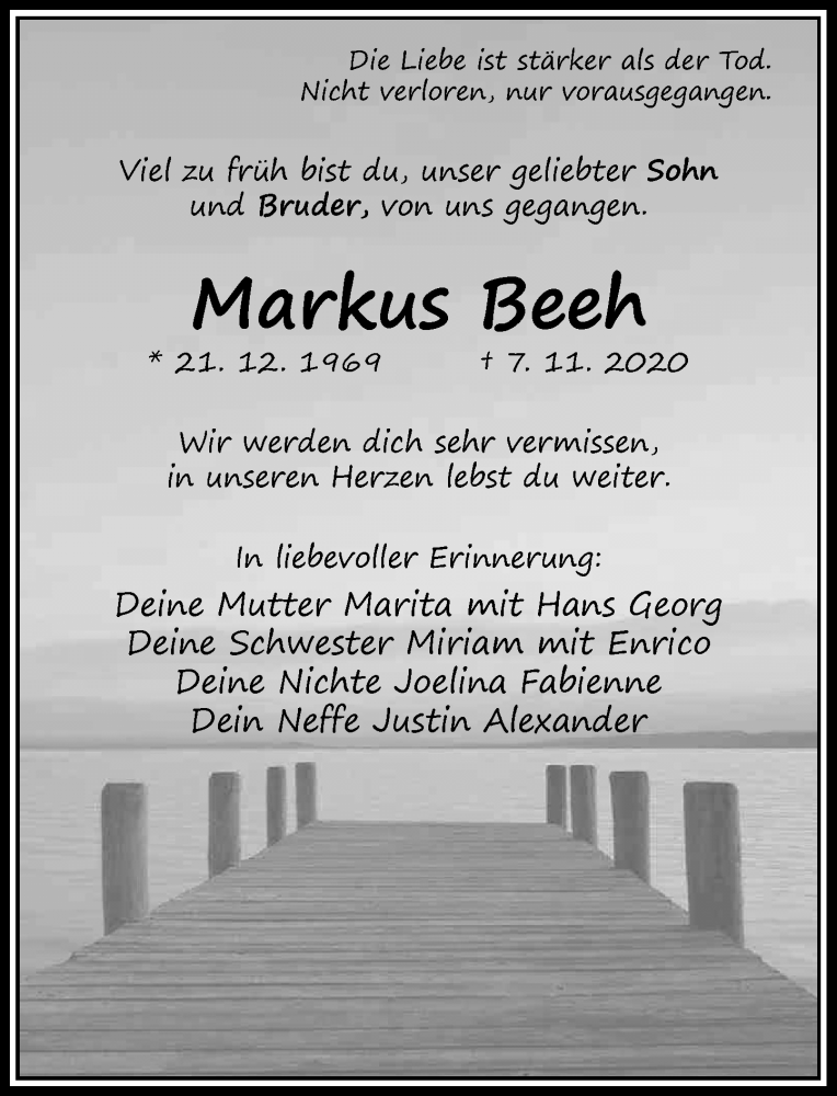  Traueranzeige für Markus Beeh vom 14.11.2020 aus Rheinische Post