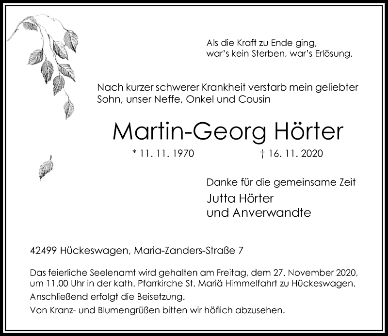  Traueranzeige für Martin-Georg Hörter vom 21.11.2020 aus Rheinische Post