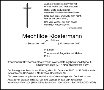 Traueranzeige von Mechtilde Klostermann von Rheinische Post