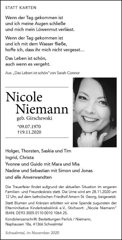 Traueranzeige für Nicole Niemann vom 21.11.2020 aus Rheinische Post