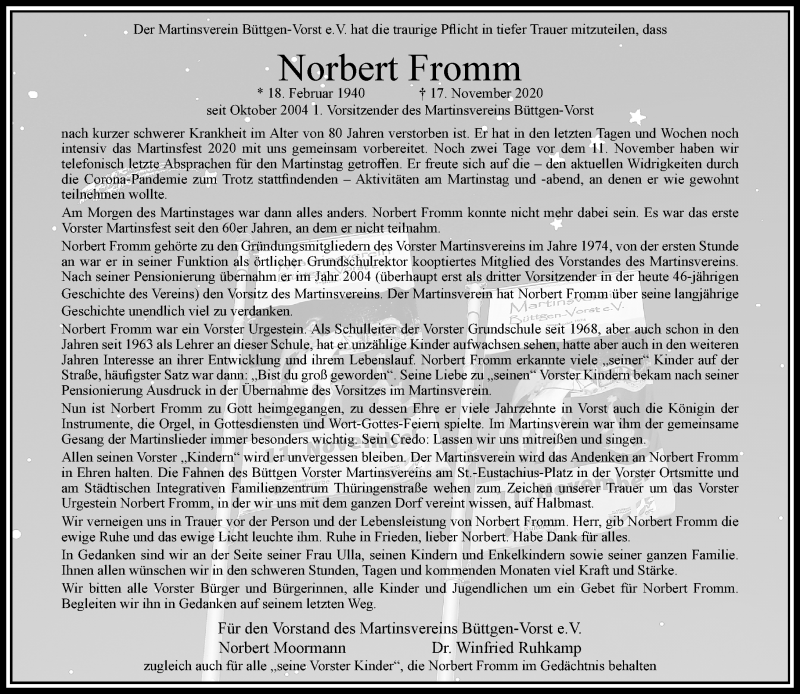  Traueranzeige für Norbert Fromm vom 21.11.2020 aus Rheinische Post