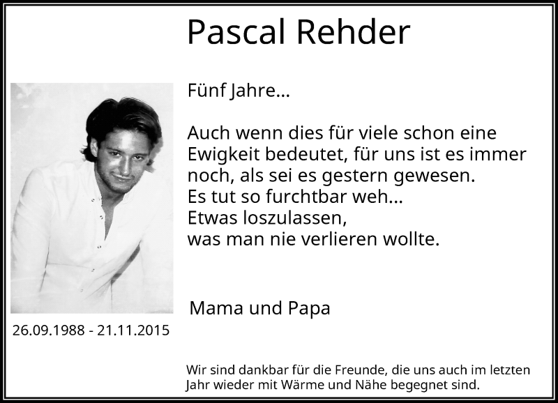  Traueranzeige für Pascal Rehder vom 21.11.2020 aus Rheinische Post