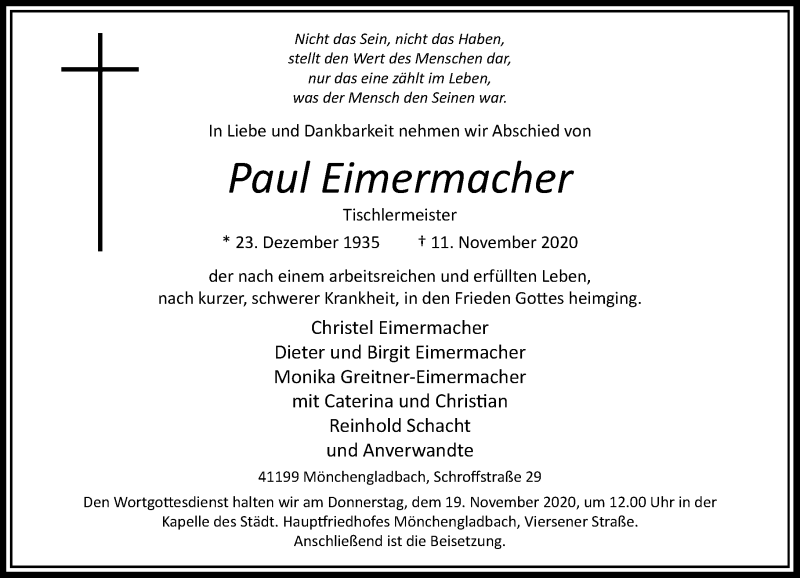  Traueranzeige für Paul Eimermacher vom 14.11.2020 aus Rheinische Post