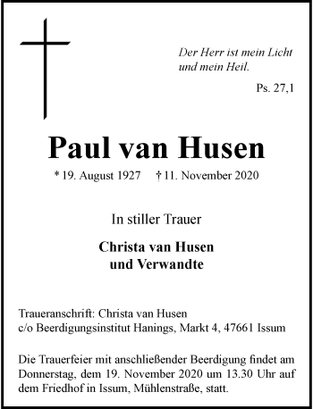 Traueranzeige von Paul van Husen von Rheinische Post