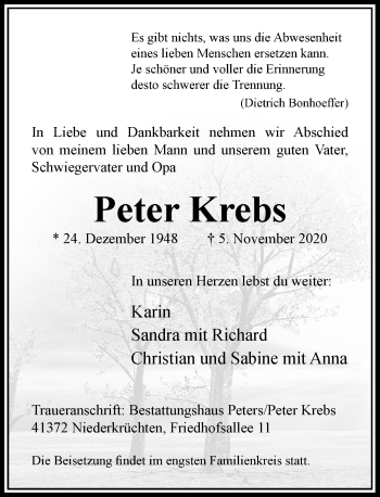 Traueranzeige von Peter Krebs von Rheinische Post