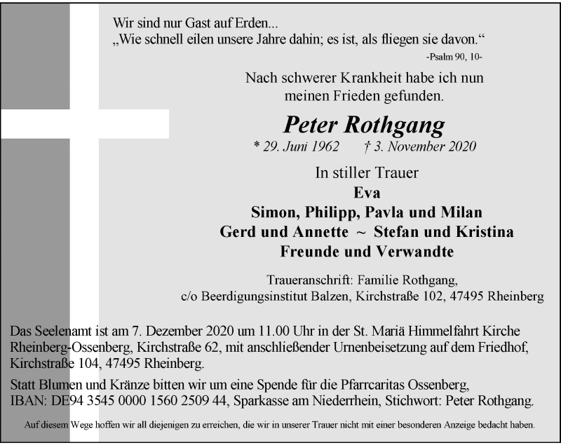  Traueranzeige für Peter Rothgang vom 14.11.2020 aus Rheinische Post