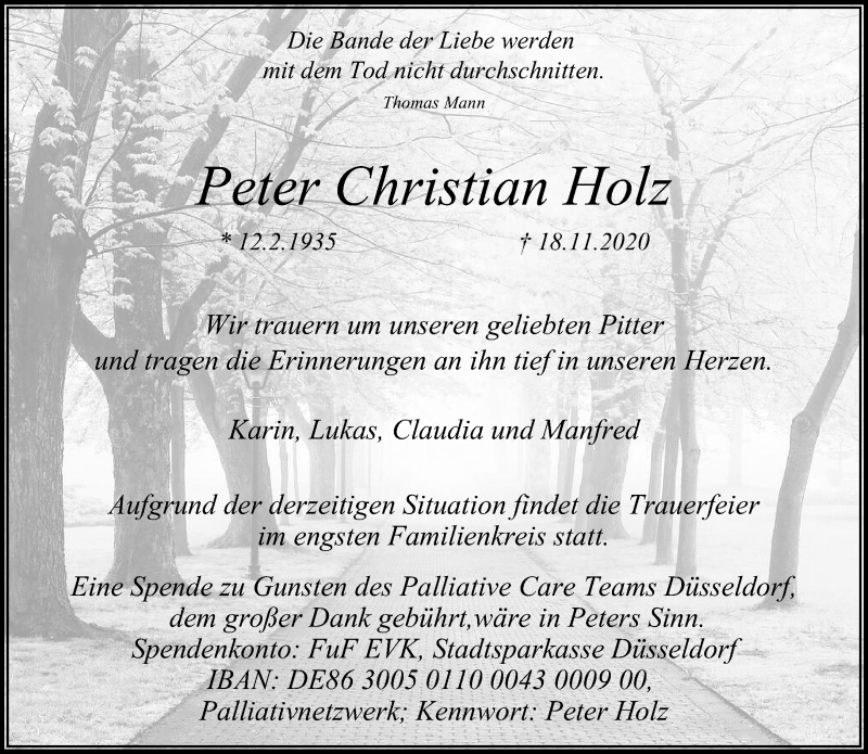  Traueranzeige für Peter Christian Holz vom 28.11.2020 aus Rheinische Post