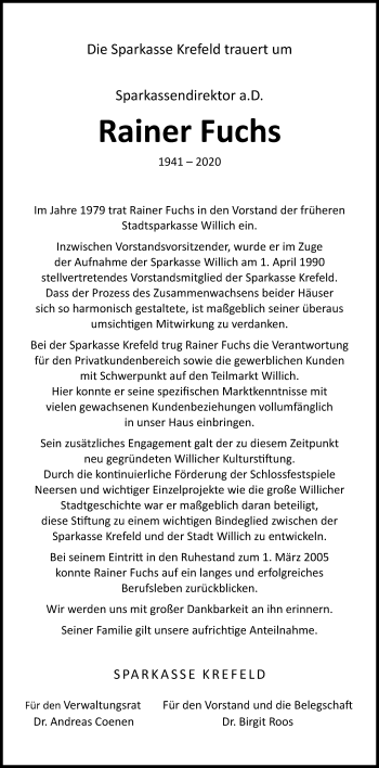 Traueranzeige von Rainer Fuchs von Rheinische Post