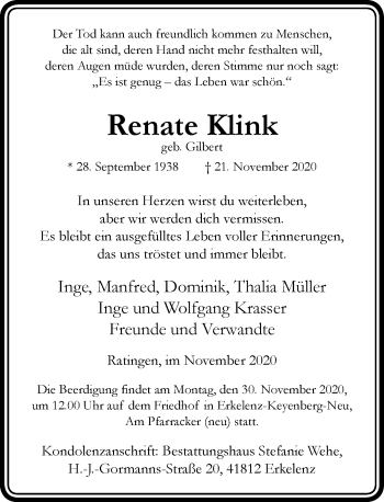 Traueranzeige von Renate Klink von Rheinische Post