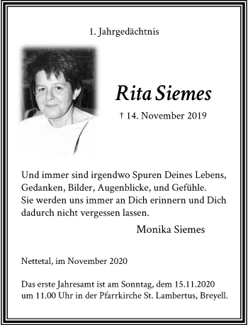 Traueranzeige von Rita Siemes von Rheinische Post