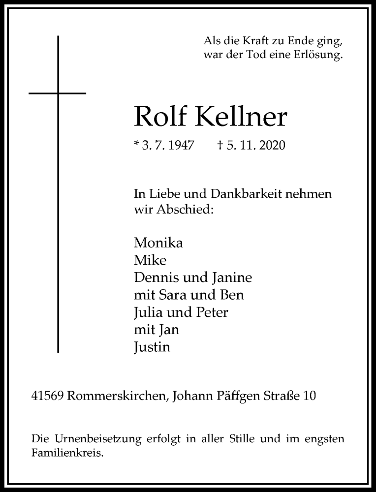  Traueranzeige für Rolf Kellner vom 14.11.2020 aus Rheinische Post