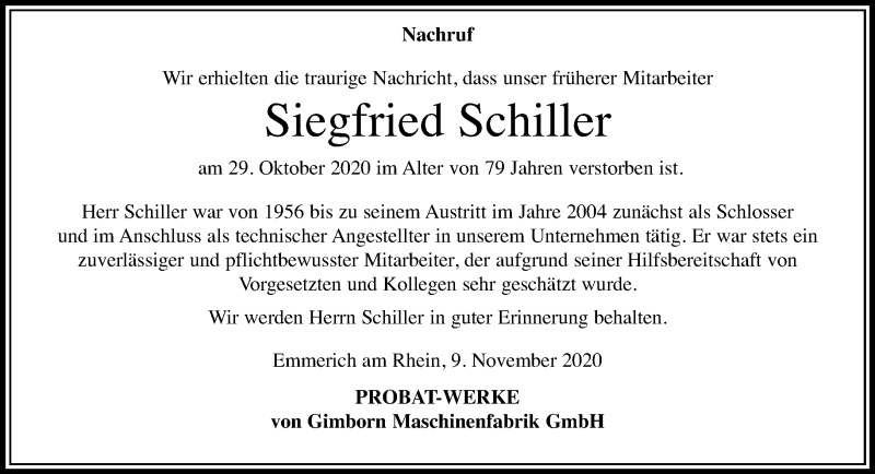  Traueranzeige für Siegfried Schiller vom 10.11.2020 aus Rheinische Post