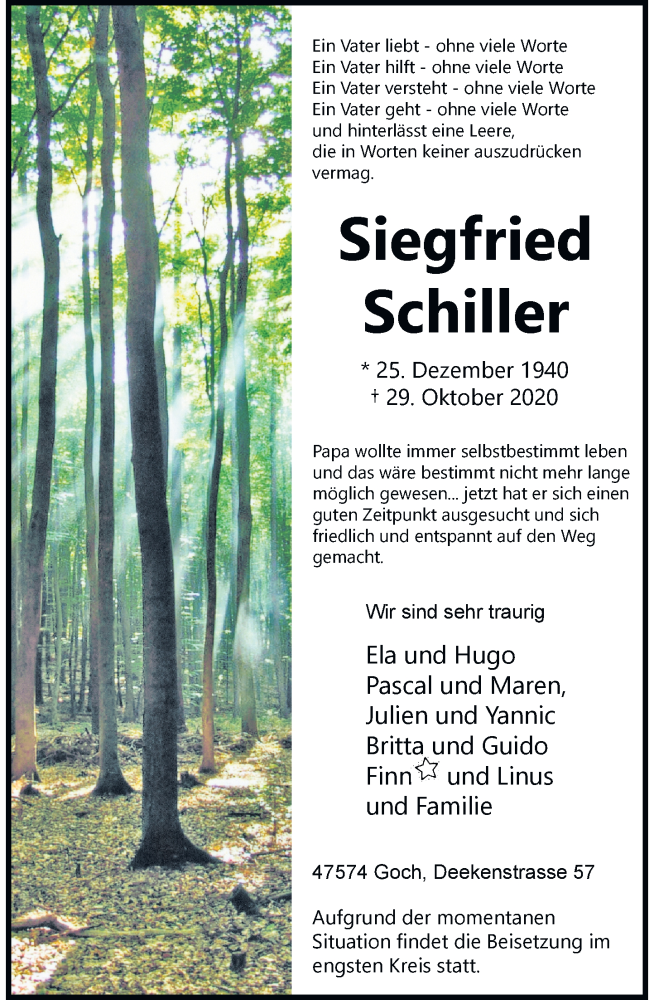  Traueranzeige für Siegfried Schiller vom 04.11.2020 aus Rheinische Post