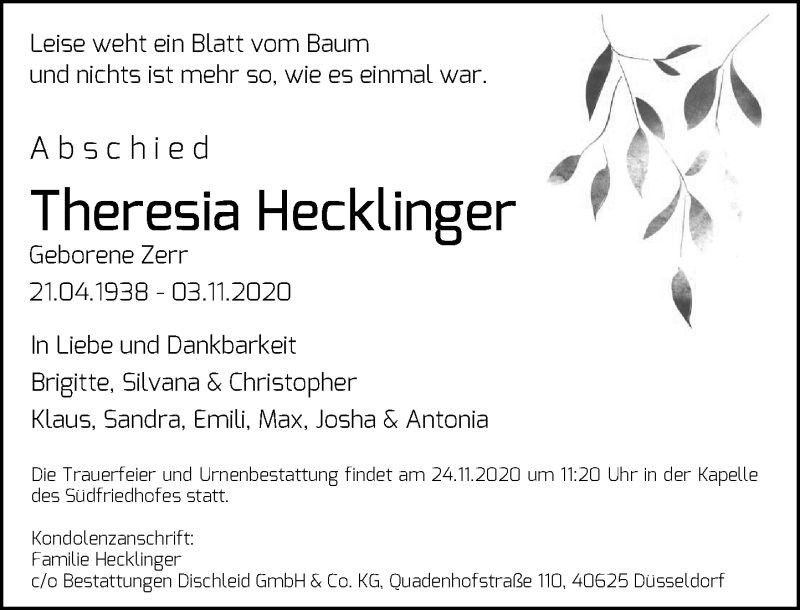  Traueranzeige für Theresia Hecklinger vom 21.11.2020 aus Rheinische Post
