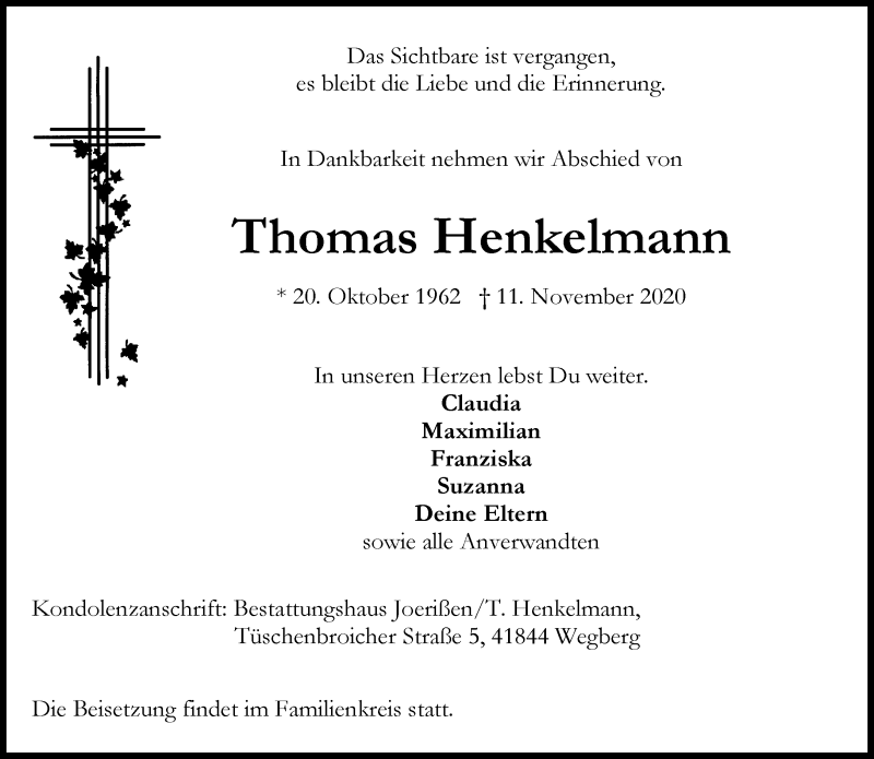  Traueranzeige für Thomas Henkelmann vom 21.11.2020 aus Rheinische Post
