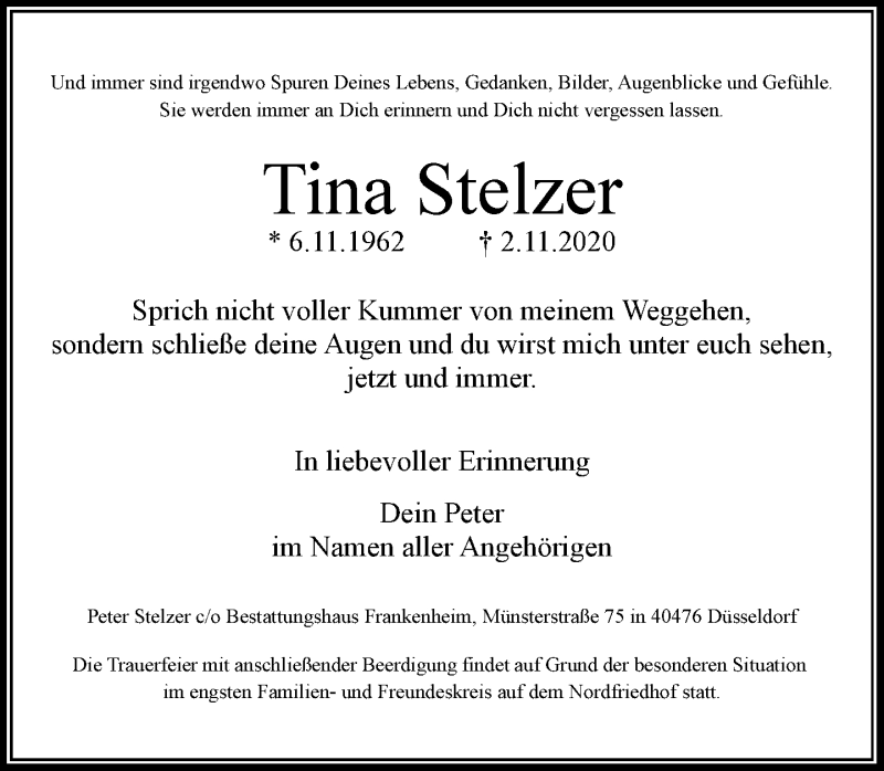 Traueranzeige für Tina Stelzer vom 07.11.2020 aus Rheinische Post
