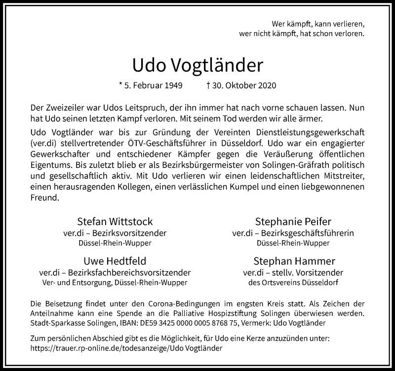  Traueranzeige für Udo Vogtländer vom 07.11.2020 aus Rheinische Post