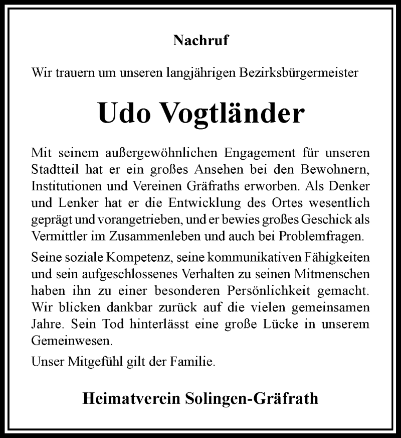  Traueranzeige für Udo Vogtländer vom 07.11.2020 aus Rheinische Post