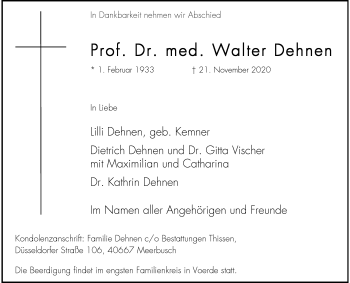 Traueranzeige von Walter Dehnen von Rheinische Post