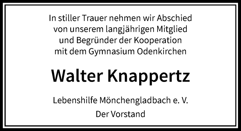  Traueranzeige für Walter Knappertz vom 31.10.2020 aus Rheinische Post