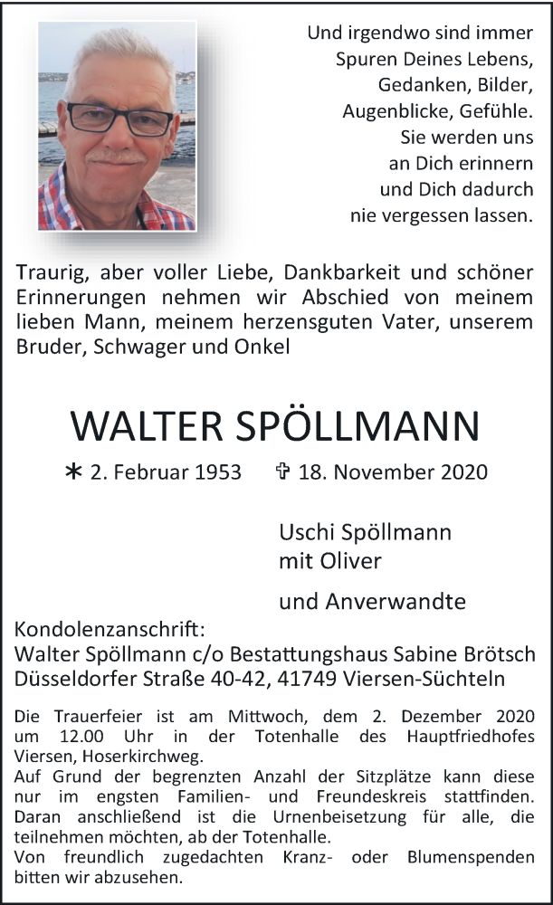  Traueranzeige für Walter Spöllmann vom 28.11.2020 aus Rheinische Post