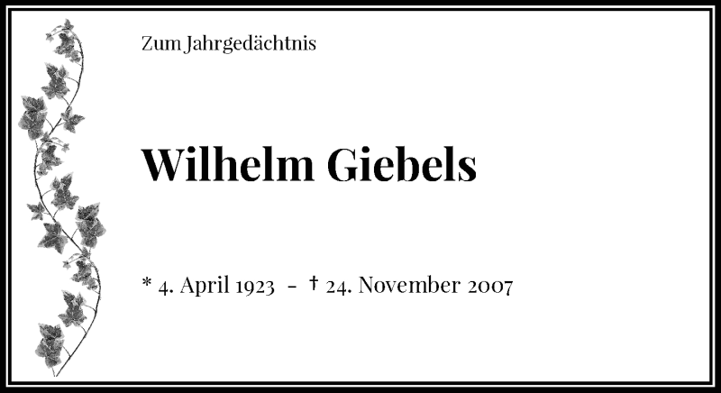  Traueranzeige für Wilhelm Giebels vom 24.11.2020 aus Rheinische Post