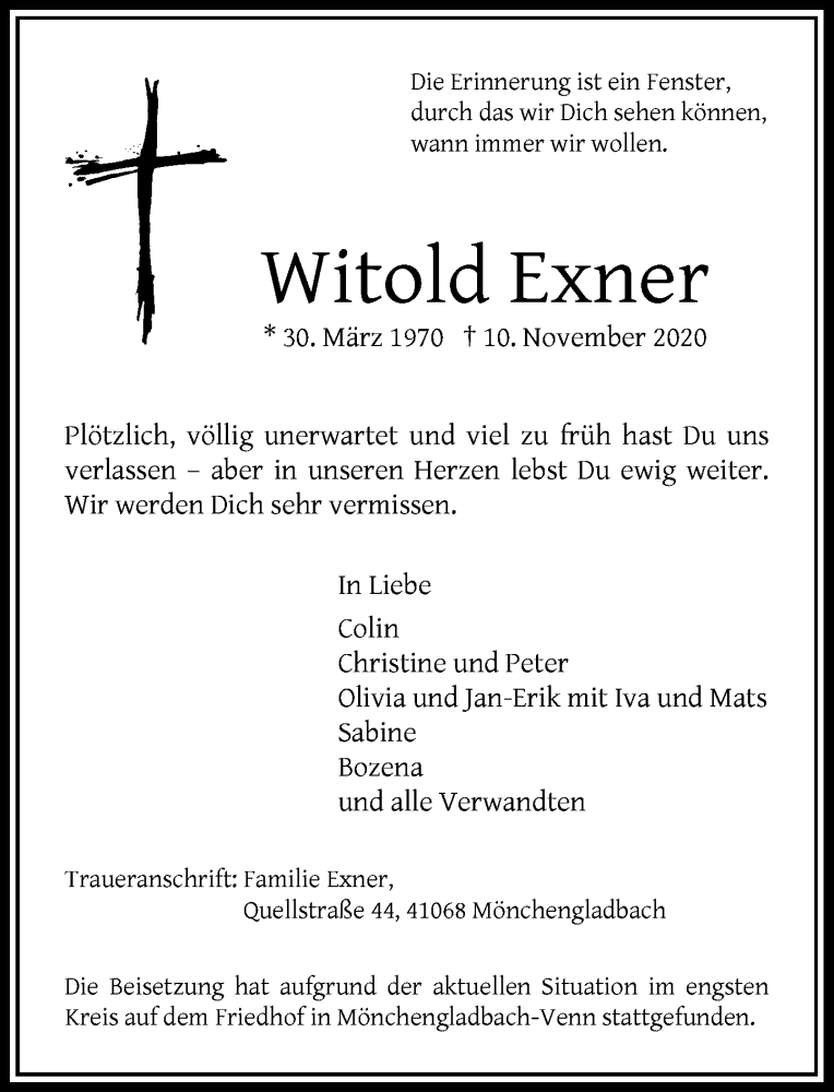  Traueranzeige für Witold Exner vom 21.11.2020 aus Rheinische Post