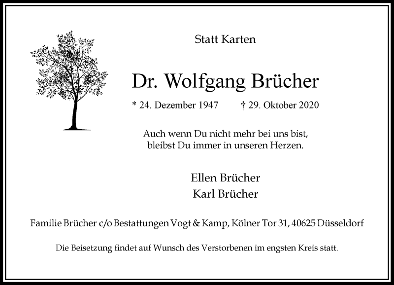  Traueranzeige für Wolfgang Brücher vom 07.11.2020 aus Rheinische Post