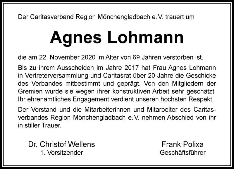  Traueranzeige für Agnes Lohmann vom 12.12.2020 aus Rheinische Post
