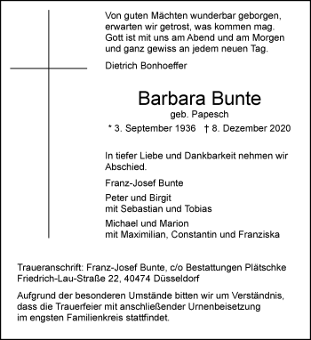 Traueranzeige von Barbara Bunte von Rheinische Post