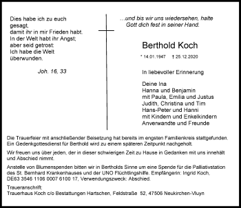Traueranzeige von Berthold Koch von Rheinische Post