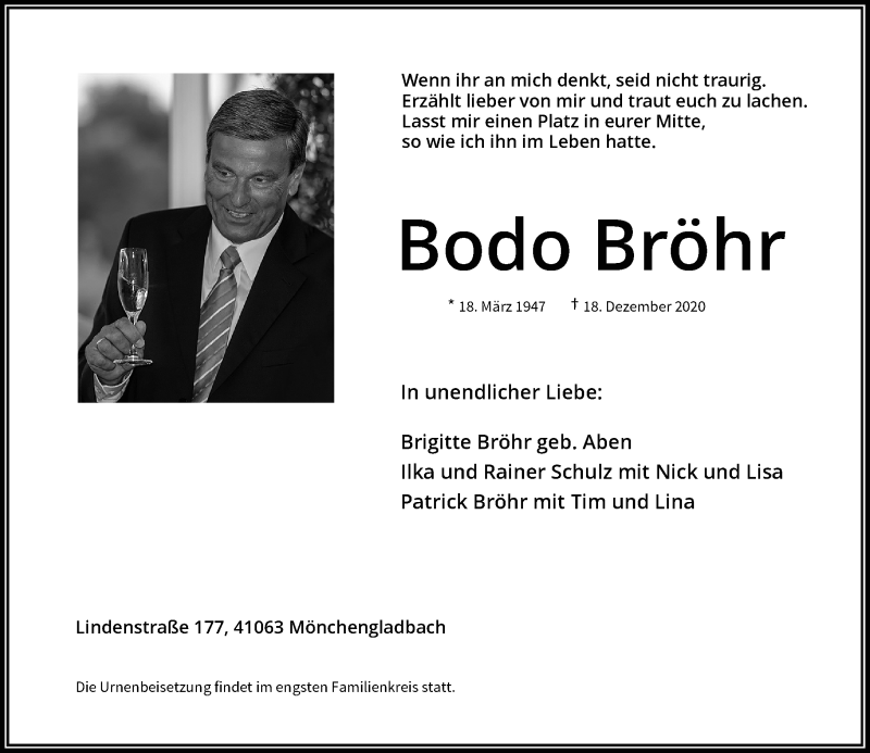  Traueranzeige für Bodo Bröhr vom 23.12.2020 aus Rheinische Post